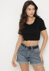 Czarny Prążkowany T-shirt z Bawełną Adlesa. Czarne t-shirty damskie Born2be, l, bez wzorów, z bawełny, bez kołnierzyka, bez ramiączek. Za 39.99 zł.