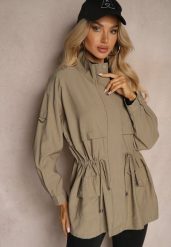 Jasnozielona Kurtka Parka z Dodatkiem Bawełny Wykończona Troczkami Zapinana na Napy Velona. Zielone kurtki damskie Renee, l, bez wzorów, z bawełny, bez kaptura. Za 119.99 zł.