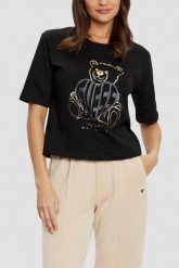 GUESS Czarny t-shirt damski Bear Boxy. Czarne t-shirty damskie Guess, s, z aplikacjami, bez kołnierzyka, bez ramiączek. W wyprzedaży za 161.99 zł.