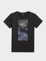 4F T-shirt regular z nadrukiem damski - czarny S. Czarne t-shirty damskie 4F, s, bez wzorów, z bawełny, klasyczne, bez kołnierzyka, bez ramiączek. Za 69.99 zł.