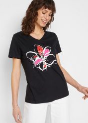 T-shirt. Czarne t-shirty damskie bonprix, bez wzorów, bez kołnierzyka, bez ramiączek. Za 42.99 zł.