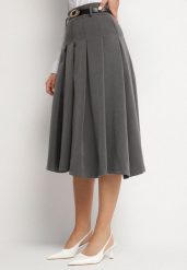 Szara Rozkloszowana Spódnica z Wiskozą Ozdobiona Paskiem i Plisami Fidelin. Szare spódnice damskie Born2be, m, bez wzorów, z wiskozy, eleganckie, midi, dopasowane. Za 54.99 zł.