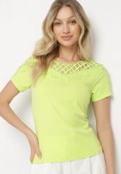 Zielony Bawełniany T-shirt z Koronkowymi Wstawkami Zaredira. Zielone t-shirty damskie Born2be, s, bez wzorów, z bawełny, eleganckie, bez kołnierzyka, bez ramiączek. Za 19.99 zł.