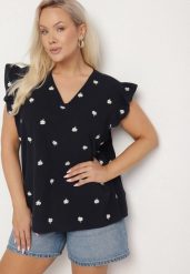 Granatowa Bluzka z Bawełny Ozdobiona Falbankami i Koniczynkami Dolassea. Niebieskie bluzki damskie Born2be, l, bez wzorów, z bawełny, eleganckie, bez kołnierzyka, bez ramiączek. Za 79.99 zł.