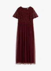 Sukienka maxi z delikatnego tiulu z aplikacją z cekinami. Zielone sukienki damskie bonprix, z aplikacjami, z tiulu, eleganckie, bez kołnierzyka, bez ramiączek, maxi. Za 339.99 zł.
