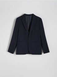 Marynarka regular fit z wiskozą - granatowy. Niebieskie garnitury męskie Reserved, bez wzorów, z tkaniny. W wyprzedaży za 169.99 zł.