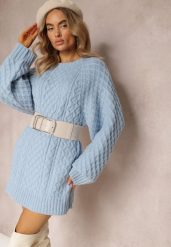 Jasnoniebieski Długi Sweter Ozdobiony Drobnym Splotem Killoe. Niebieskie swetry nierozpinane damskie Renee, bez wzorów, z jeansu, casualowe, bez kołnierzyka, bez ramiączek. Za 189.99 zł.