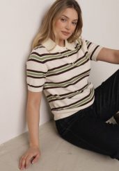 Zielono-Kremowy T-shirt Typu Polo z Wiskozą Ozdobiony Guzikami i Paskami Esefia. Zielone t-shirty damskie Born2be, m, bez wzorów, z jeansu, bez kołnierzyka, bez ramiączek. Za 119.99 zł.