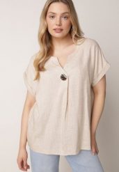 Beżowa Nietoperzowa Bluzka z Krótkim Rękawem z Lnem i Wiskozą Isirtila. Brązowe bluzki damskie Born2be, l, bez wzorów, z bawełny, biznesowe, bez kołnierzyka, bez ramiączek. Za 69.99 zł.