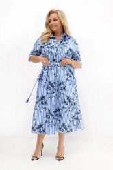 Sukienka koszulowa Iris w paski z granatowymi kwiatami | 100% bawełna | PLUS SIZE OVERSIZE LATO. Niebieskie sukienki damskie Moda Size Plus Iwanek, do pracy, na lato, l, bez wzorów, z bawełny, biznesowe, bez kołnierzyka, plus size, bez ramiączek, midi, dopasowane. Za 349.90 zł.