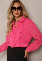 Fuksjowa Koszula w Stylu Boho z Ozdobnym Haftem Anvia. Czerwone koszule damskie Renee, l, bez wzorów, boho, bez kołnierzyka, bez ramiączek. Za 69.99 zł.