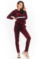 Welurowe Spodnie z Logowaną Taśmą w Pasie - Bordowe. Czerwone spodnie dresowe damskie Awama, bez wzorów, z dresówki. Za 209.90 zł.