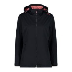 Damska kurtka turystyczna z kapturem CMP. Czarne kurtki sportowe damskie CMP, bez wzorów, z softshellu, bez ramiączek, z kapturem, trekkingowe. Za 389.00 zł.