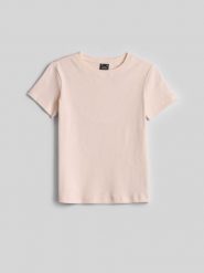 4F T-shirt slim z prążkowanej dzianiny damski - kremowy L. Białe t-shirty damskie 4F, l, bez wzorów, z bawełny, eleganckie, bez kołnierzyka, bez ramiączek. Za 49.99 zł.