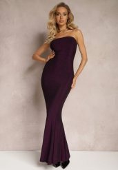 Ciemnofioletowa Połyskująca Sukienka Maxi Bez Ramiączek z Rozkloszowanym Dołem Botalia. Fioletowe sukienki damskie Renee, l, bez wzorów, eleganckie, bez kołnierzyka, bez ramiączek, maxi, rozkloszowane. Za 149.99 zł.