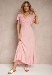 Różowa Rozkloszowana Sukienka z Wiskozy z Kopertowym Dekoltem Rellrive. Czerwone sukienki damskie Renee, na co dzień, l, bez wzorów, z wiskozy, eleganckie, bez kołnierzyka, bez ramiączek, maxi, kopertowe. Za 54.99 zł.