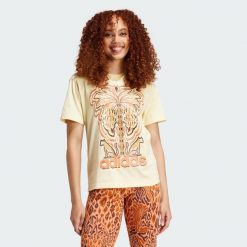 Koszulka adidas x FARM Rio Graphic. Żółte bluzki damskie Adidas, xs, bez wzorów, z bawełny, sportowe, bez kołnierzyka, bez ramiączek. Za 159.00 zł.