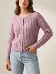 Kardigan z dekoracyjnym splotem - różowy. Czerwone kardigany damskie Sinsay, l, bez wzorów, ze splotem, bez kołnierzyka. Za 49.99 zł.