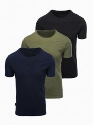 Zestaw męskich bawełnianych t-shirtów BASIC z okrągłym dekoltem – czarny/granatowy/khaki V3 - Rozmiar: XXL. Niebieskie t-shirty męskie Ombre Clothing, m, bez wzorów, z bawełny, bez kołnierzyka, bez ramiączek. W wyprzedaży za 97.99 zł.