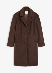 Krótki płaszcz z materiału w optyce wełny. Brązowe płaszcze damskie bonprix, bez wzorów, z wełny, eleganckie, bez kołnierzyka, bez kaptura. Za 309.99 zł.