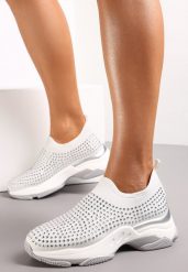 Białe Buty Sportowe na Grubej Podeszwie w Cyrkonie Elerene. Białe obuwie sportowe damskie Renee, bez wzorów, bez zapięcia. Za 49.99 zł.