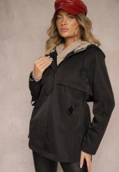 Czarna Kurtka Typu Parka z Troczkami w Talii Kapturem i Kieszeniami Kaivara. Czarne kurtki damskie Renee, l, bez wzorów, z materiału. Za 299.99 zł.