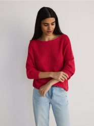 Sweter kimono - fuksja. Czerwone swetry nierozpinane damskie Reserved, l, bez wzorów, z dzianiny, bez kołnierzyka, bez ramiączek. W wyprzedaży za 59.99 zł.
