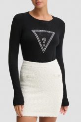GUESS Czarny damski sweter Ivory. Czarne swetry nierozpinane damskie Guess, s, z aplikacjami, bez kołnierzyka, bez ramiączek. W wyprzedaży za 201.99 zł.