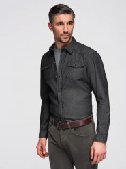 Koszula męska jeansowa na zatrzaski z kieszonkami - czarna V3 - Rozmiar: XXL. Czarne koszule męskie Ombre Clothing, m, bez wzorów, z bawełny, biznesowe, bez kołnierzyka, bez ramiączek. Za 209.99 zł.