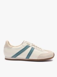 Kremowe półbuty sportowe z turkusowym paskiem. Brązowe obuwie sportowe damskie Ryłko, bez wzorów, ze skóry, z okrągłym noskiem, bez zapięcia. Za 449.99 zł.