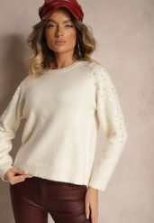 Jasnobeżowy Sweter z Bawełną i Cekinami Ceala. Brązowe swetry nierozpinane damskie Renee, s, z aplikacjami, z bawełny, casualowe, bez kołnierzyka, bez ramiączek. Za 99.99 zł.