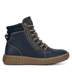 Trzewiki Go Soft. Niebieskie botki damskie GO SOFT, bez wzorów, bez obcasa, na płaskiej podeszwie, bez zapięcia. Za 199.99 zł.