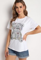 Biały Bawełniany T-shirt Wykończony z Przodu Cyrkoniami Hulilla. Białe t-shirty damskie Born2be, uniwersalny, bez wzorów, z bawełny, eleganckie, bez kołnierzyka, bez ramiączek. Za 44.99 zł.
