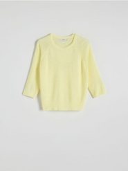 Gładki sweter - żółty. Żółte swetry nierozpinane damskie Reserved, l, bez wzorów, z dzianiny, bez kołnierzyka, bez ramiączek. W wyprzedaży za 39.99 zł.