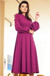 Elegancka Midi Sukienka z Bufiastym Rękawem - Śliwkowa. Czarne sukienki damskie Awama, l, bez wzorów, z elastanu, eleganckie, bez kołnierzyka, bez ramiączek, midi. Za 259.90 zł.