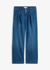 Jeansy wide leg, high waist z wygodną talią. Niebieskie jeansy damskie bonprix, bez wzorów, z jeansu, z podwyższonym stanem. Za 124.99 zł.