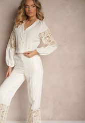 Beżowa Koszula z Bawełny z Koronką i Haftowanymi Zdobieniami Galedia. Brązowe koszule damskie Renee, l, z aplikacjami, z bawełny, eleganckie, bez kołnierzyka, bez ramiączek. Za 89.99 zł.