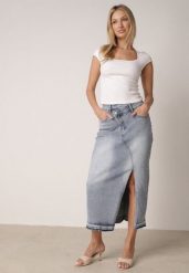 Niebieska Jeansowa Spódnica z Bawełną Wysokim Stanem i Rozcięciem na Nogę Vikinori. Niebieskie spódnice damskie Born2be, do pracy, l, bez wzorów, z bawełny, biznesowe, z podwyższonym stanem, midi. Za 119.99 zł.