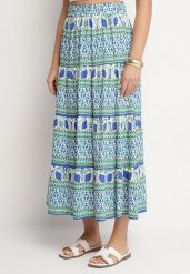 Niebieska Rozkloszowana Spódnica z Wiskozą w Etniczny Wzór Kolamiela. Niebieskie spódnice damskie Born2be, na co dzień, bez wzorów, z bawełny, eleganckie, maxi, proste. Za 54.99 zł.