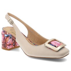 Czółenka damskie S.Barski, slingback ze skóry naturalnej z efektownym, kolorowym obcasem i ozdobną klamrą z regulowanym paskiem, beżowe, LZ61-2018. Brązowe czółenka damskie S.BARSKI, bez wzorów, ze skóry, bez obcasa, bez zapięcia. Za 242.90 zł.