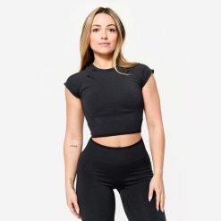 Koszulka do treningu siłowego damska Domyos krótki rękaw. Czarne bluzki damskie DOMYOS, xl, bez wzorów, z elastanu, sportowe, bez kołnierzyka, bez ramiączek. Za 64.99 zł.
