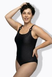 Damskie Strój kąpielowy metaliczny efekt miękkie miseczki ramiączka z regulacją. Czarne stroje kąpielowe damskie Ulla Popken, plus size, bez wzorów, z elastanu. Za 191.99 zł.