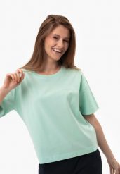 Gładki t-shirt, Comfort Fit, T-RODOS. Zielone t-shirty damskie Volcano, m, z aplikacjami, z bawełny, bez kołnierzyka, bez ramiączek. Za 59.99 zł.