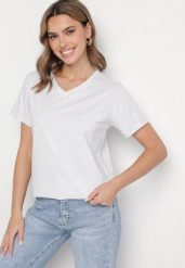 Jasnoszary Bawełniany T-shirt z Trójkątnym Dekoltem Nelirna. Szare t-shirty damskie Born2be, l, bez wzorów, z bawełny, bez kołnierzyka, bez ramiączek. Za 34.99 zł.