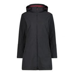 Kurtka parka z kapturem, zapinana na zamek dla kobiet CMP. Czarne parki damskie CMP, bez wzorów, z softshellu, z kapturem. Za 514.50 zł.