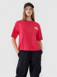 4F T-shirt oversize z nadrukiem damski - różowy L. Czerwone t-shirty damskie 4F, l, bez wzorów, z bawełny, klasyczne, bez kołnierzyka, bez ramiączek. W wyprzedaży za 39.99 zł.