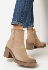 Beżowe Botki na Obcasie z Imitacji Zamszu Nakiah. Brązowe botki damskie Born2be, bez wzorów, z jeansu, eleganckie, bez obcasa, na obcasie, bez zapięcia. Za 159.99 zł.