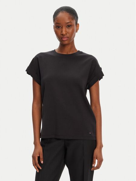 Tommy Hilfiger T-Shirt Gold Button WW0WW45628 Czarny Regular Fit. Czarne t-shirty damskie Tommy Hilfiger, xxl, bez wzorów, z bawełny, bez kołnierzyka, bez ramiączek. Za 159.99 zł.