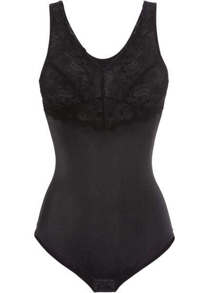 Body shape, średni stopień modelowania sylwetki. Czarne body bonprix, bez wzorów, z koronki. Za 124.99 zł.