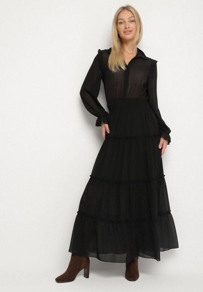 Czarna Rozkloszowana Sukienka VICES Koszulowa w Stylu Retro Aravite. Czarne sukienki damskie Born2be, na co dzień, l, bez wzorów, eleganckie, bez kołnierzyka, bez ramiączek, koszulowe. Za 149.99 zł.